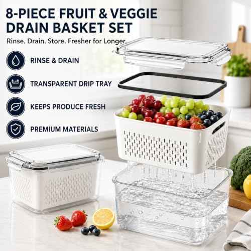 Fruit Storage Containers with Removable Colander and Lid, 8-Pcs