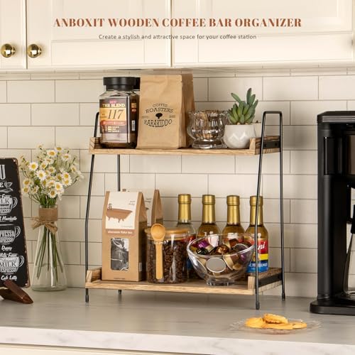 ANBOXIT Countertop Coffee Station Organizer, 2-Tier Wooden Shelf