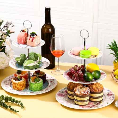 Dandat 4 Pcs 3 Tier Cake Stand Floral Ceramic Afternoon Serving Tray