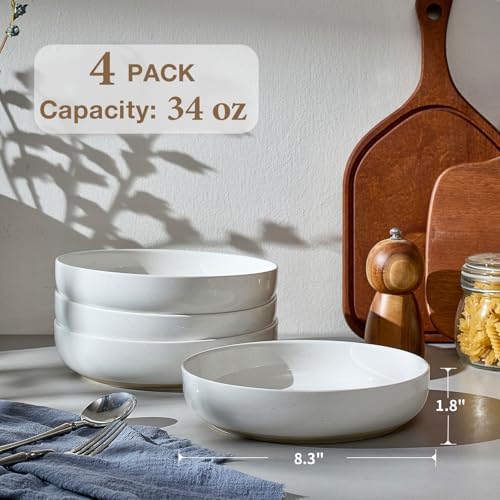 Gencywe 8.3" Pasta Bowls Set of 4, 34 oz Ceramic Salad Bowls, White