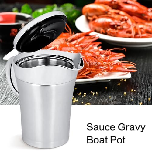 Gravy Boat Stainless Steel Double Insulated Sauce Jug with Hinged Lid