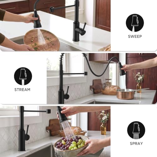 FORIOUS Vintage Kitchen Faucet with Pull-Down Sprayer, Matte Black