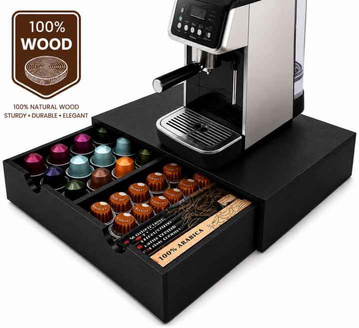 Wooden Coffee Pod Drawer, Compatible with K-Cup and Nespresso Vertuo Pods