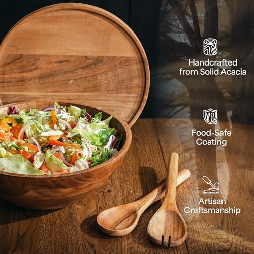 Public House Large Wooden Salad Bowl Set 12.5 Inch with Serving