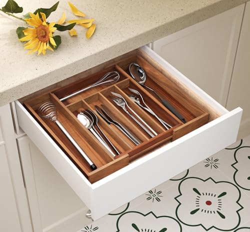 Fibogollo Expandable Kitchen Drawer Organizer,Acacia Wood Silverware Organizer,Adjustable Flatware Tray for Utensils(13.78 * 10.24~16.14 * 1.97)