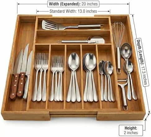 Expandable Bamboo Silverware Drawer Organizer, 20" Wide, 9