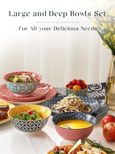 DOWAN Mosaian 33 OZ Large Bowl Set of 6 - Ceramic Deep Bowls for