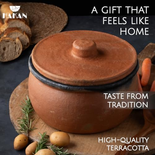 Hakan Efes Clay Cooking Pot with Lid, MIDI 2.9 Quarts Clay Pots for