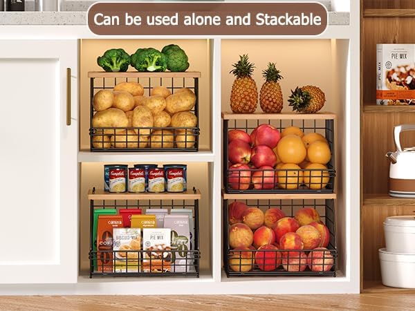 2 Set Stackable Wire Basket with Wooden Tops & Pad for kitchen