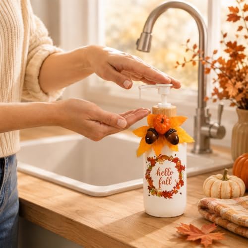 AnyDesign Hello Fall Soap Dispenser, with Artificial Leaves Pumpkin