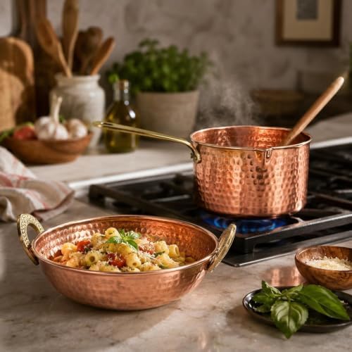 Copper Cookware Set of 2 Hammered Saucepan 1500ml & Kadai 800ml