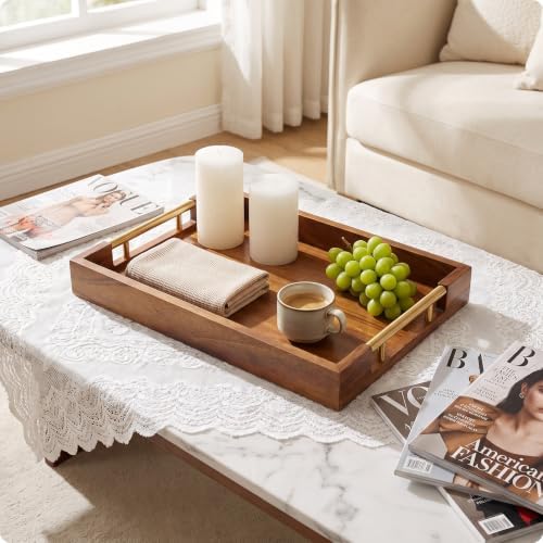 Acacia Wood Serving Tray with Metal Handles,14.2" x 9.8" Decorative