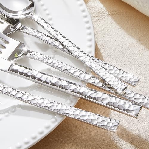 20 Piece Hammered Silverware Set, 18/10 Stainless Steel Flatware Set
