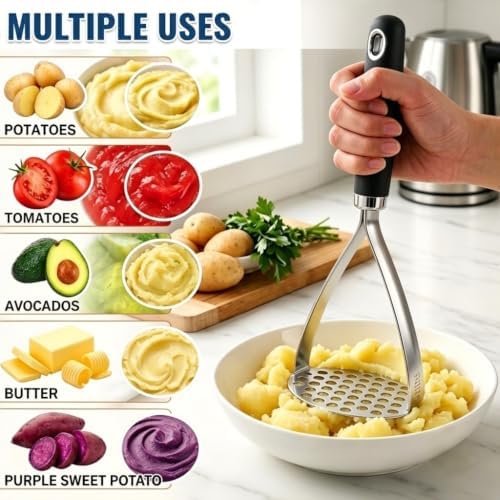 Potato Masher, 10.25 Inch Stainless Steel Masher with Non-Slip TPR