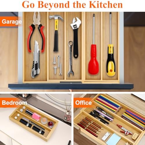 Large Bamboo Expandable Silverware Drawer Organizer