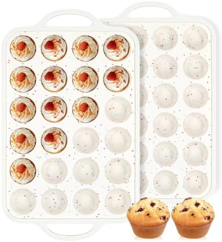 FUNBAKY Silicone Mini Muffin Pan, Metal Reinforced Frame 24 Cups