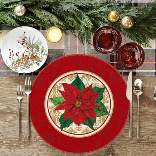 Artoid Mode Watercolor Poinsettia Red Christmas Round Placemats Set of