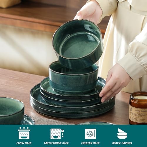 vancasso Starry Plates and Bowls Sets for 8, 24 Pieces Green Dinnerware Sets for Kitchen, Modern Stoneware Dishes Set, Dishwasher and Microwave Safe