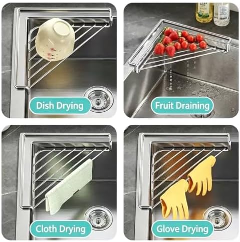 Triangle Dish Drying Rack for Sink Corner, Black and Silver