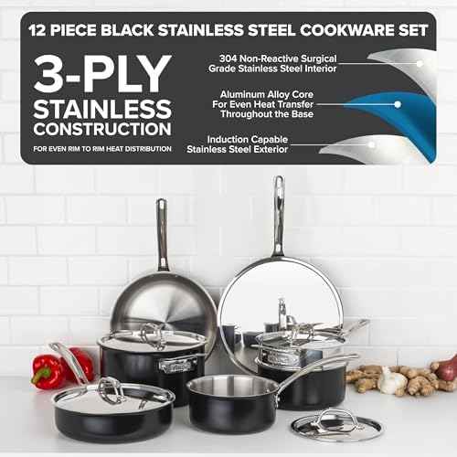 Viking 3-Ply Pots and Pans Set, 12 Piece Stainless Steel Kitchen