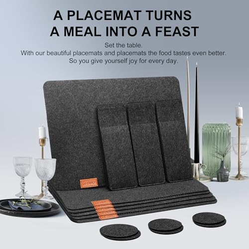 6 Placemats, 6 Coasters & 6 Cutlery Bags, Dark Gray Felt Table Mats