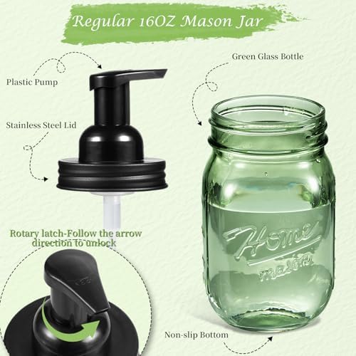 Amolliar 16OZ Green Glass Mason Jar Foaming Soap Dispenser, Black