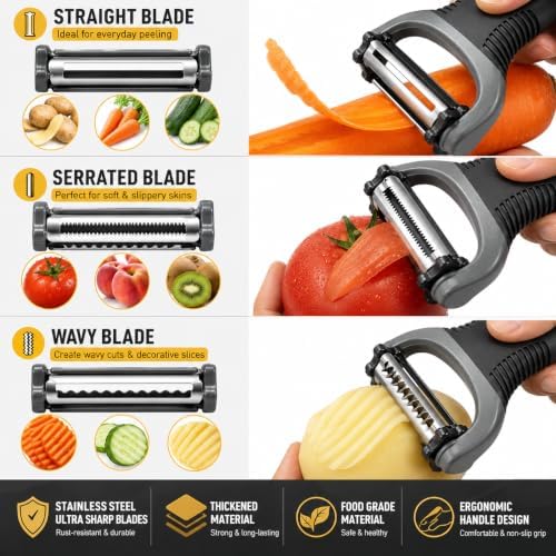 Kitchen Peeler 4-Pc Set, 3-in-1 Rotary Julienne, Swivel, Citrus &
