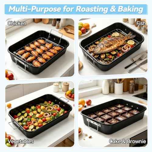 Turkey Roasting Pan with Rack for Oven 16" * 11" Carbon Steel Roaster Pan