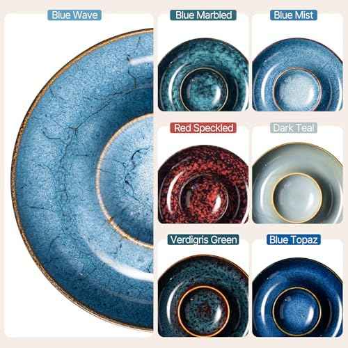 Ceramic Chips and Dip Serving Tray - Large Divided Party Bowl Set for Salsa, Veggies, Fruit & Snacks - Modern Minimalist Appetizer Platter with Unique Kiln-Change Glaze (Red Speckled)