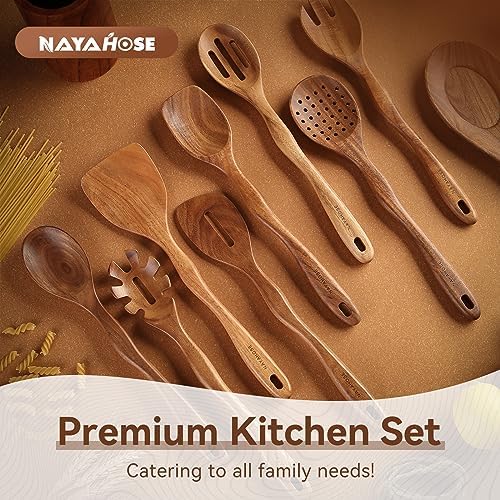 Kitchen 10PCS Teak Wooden Utensils Set With Holder and Spoon Rest