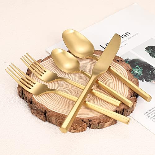 Matte Silverware Set Gold Flatware Set with Hexagon Handle 20 Pieces