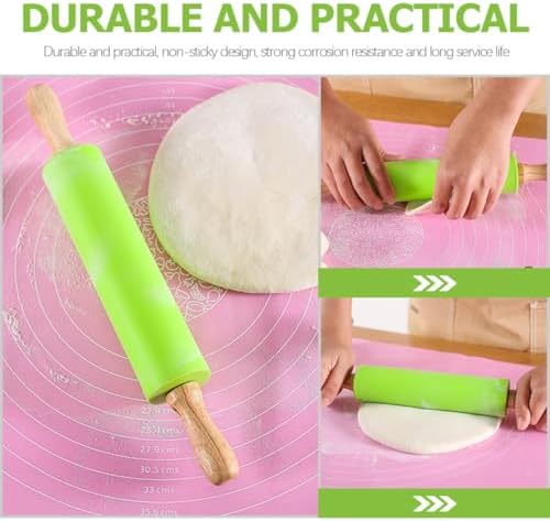 Wood Handle, Silicone Rolling Pin Non-Stick Dough Roller, and Baking