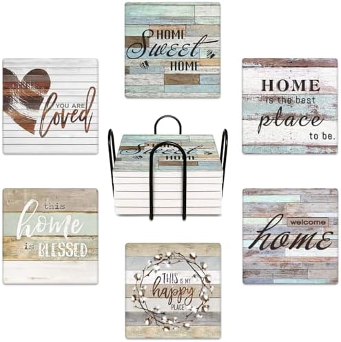 Britimes Coasters for Drinks, Set of 6, Ceramic Stone, Wood Worn