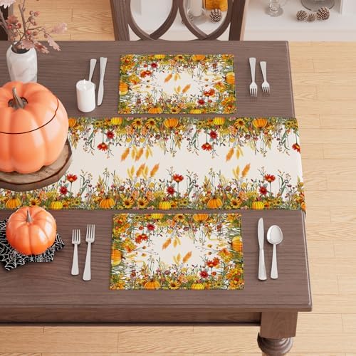 XCHI Fall Wild Flowers Placemats Set of 4 Table Decor 12x18 Inch