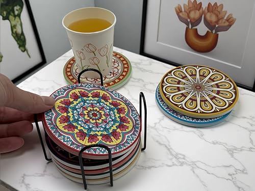 Mandala 4 Inches Round Absorbent Ceramic Coasters Set of 8, Cork Base