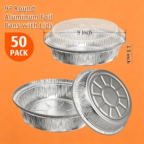 50 Pack 9" Round Aluminum Pans with Clear Lids, Pie Tins Disposable