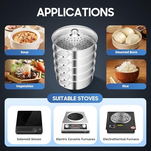5 Tier Steamer Cooker,Home Steam Pot Set,Multi tier Stainless Steel Kitchen Cookware Hot Pot for Cooking Vegetables, Seafood, Soups, Stews and Pasta (Silver, 11 * 17.71 in)