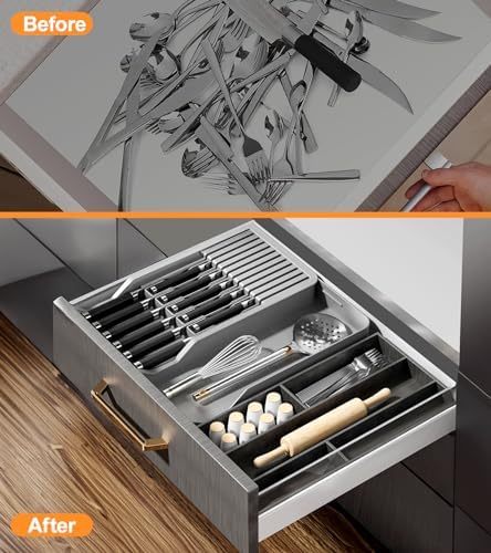 Kitchen Knife Drawer Organizer Grey, In Drawer Knife Block Holder with