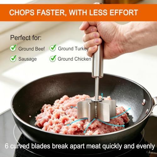 304 Stainless Steel Meat Chopper 6-Blade Hamburger & Potato Masher