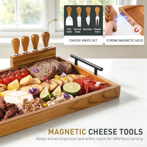 Socisen Teak 24 in Large Charcuterie Board with 4-Piece Cheese Knife Set