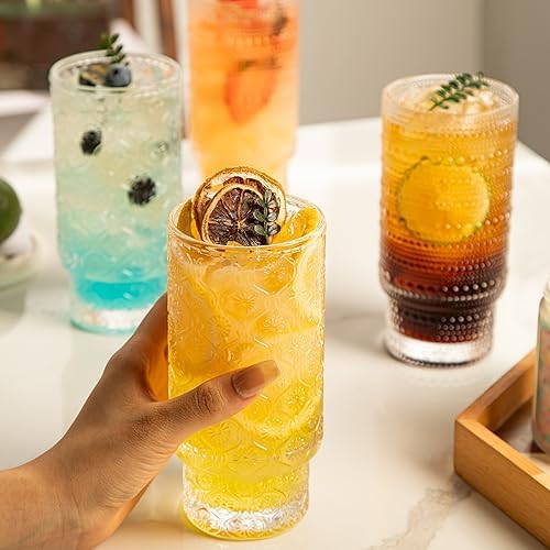 Drinking Glasses Set of 4, 16oz Textured Flower Design Cocktail