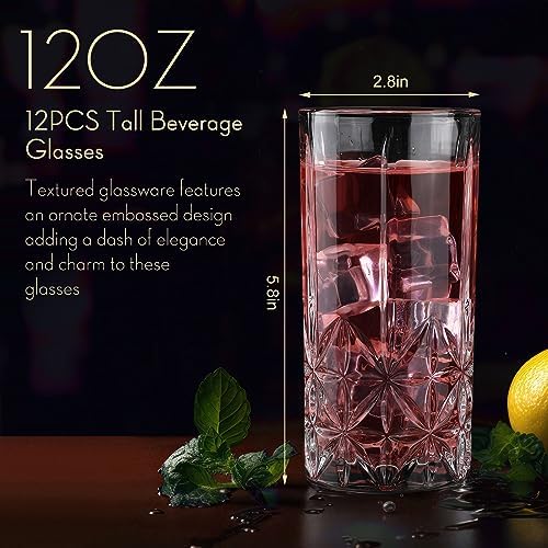 Uiifan Set of 12 Tall Highball Crystal Glasses 12 oz, Stylish Style