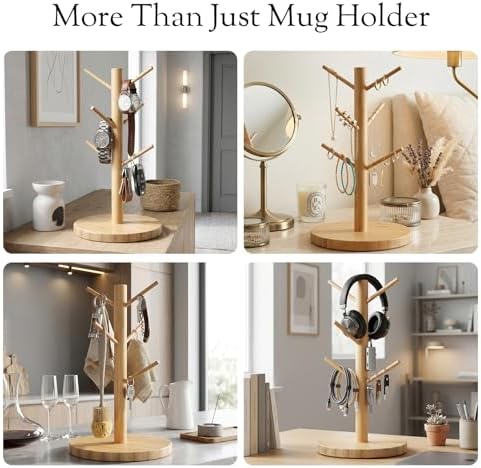 Bamboo Mug Holder Tree, Countertop 6-Hooks, Storage Tray, Natural