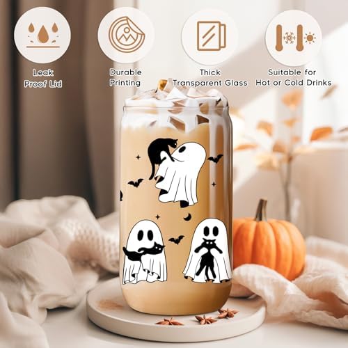 Coolife Halloween Ghost Black Cat Iced Coffee Cup, Spooky Glass