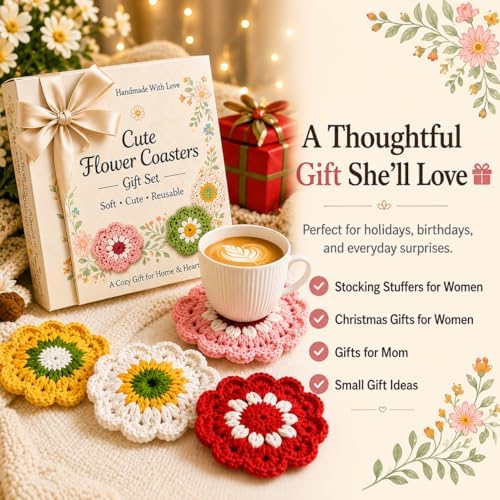 Stocking Stuffers for Women,Coasters for Drinks Set of 5, Cute Flower