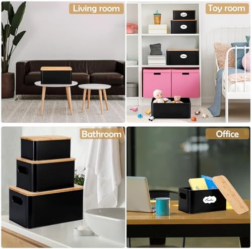 3 Pcs Metal Storage Box with Lid Nesting Farmhouse Storage Bins, Black