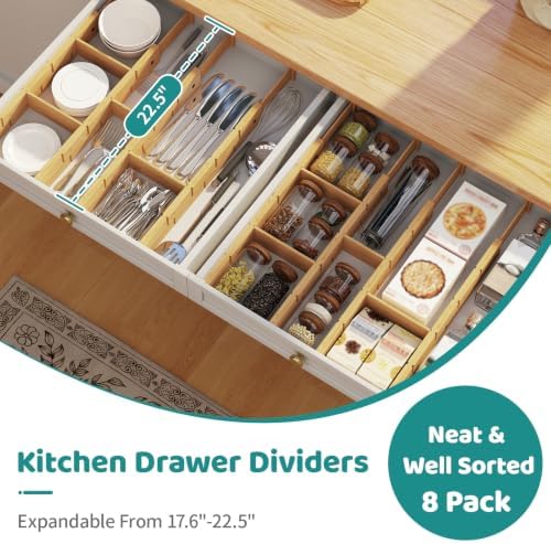 8 Pack Kitchen Drawer Dividers with Inserts, Bamboo Adjustable Drawer