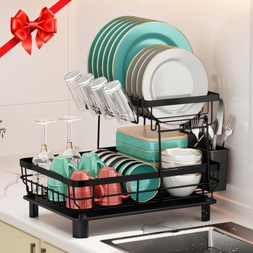 MOUKABAL 2 Tier Dish Drying Rack with Drainboard for Kitchen Counter