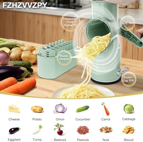 5-in-1 Rotary Cheese Grater and Vegetable Slicer, Green