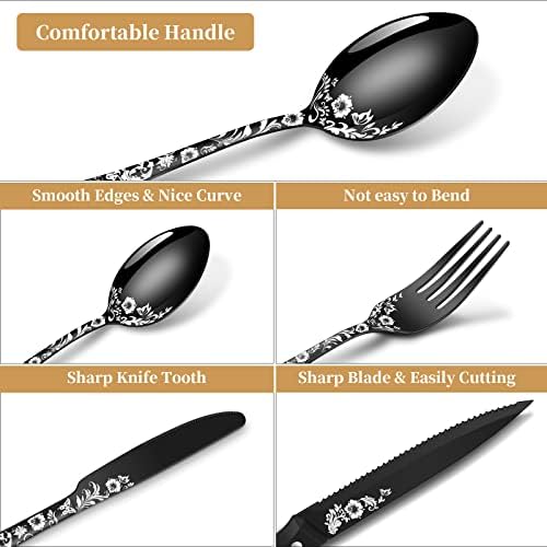 24-Piece Black Silverware Set with Steak Knife, Black Flatware Sets